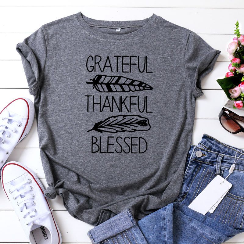 S-5XL Plus Size Vogue Thankful Bleesed Letters Printing T-Shirt