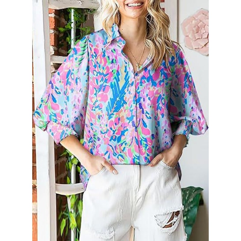 Women Fashion Geometric Print Lapel Lantern Sleeve Shirt